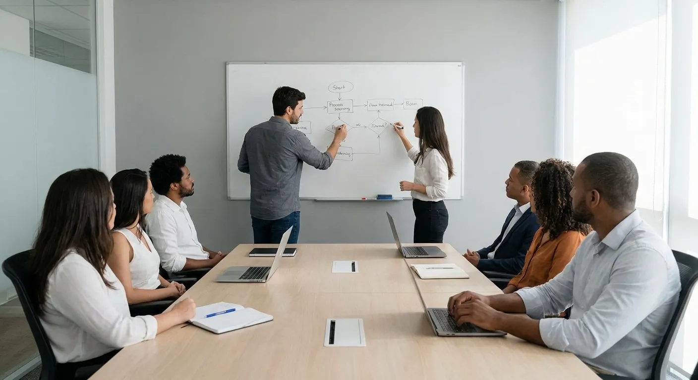 Two professionals sketching a process on the whiteboard during a meeting
