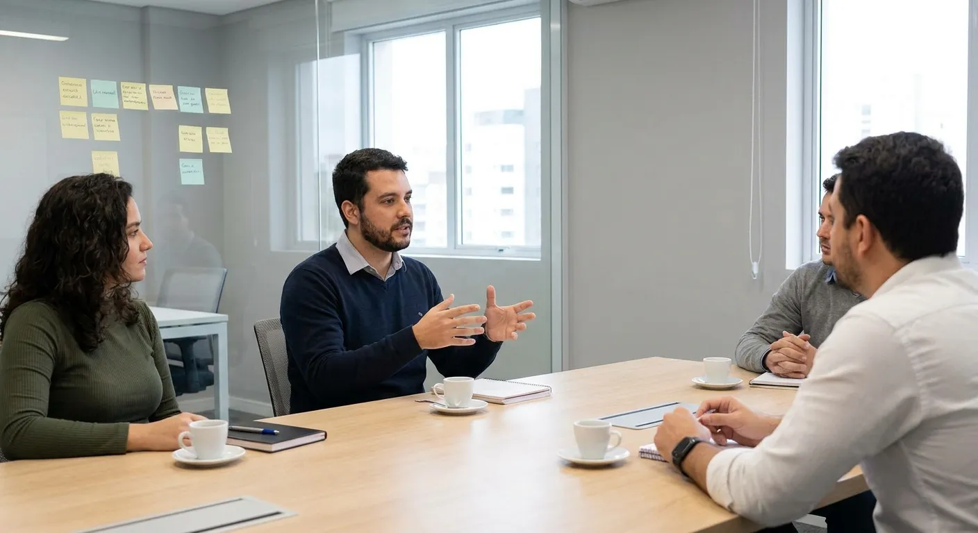 Colleagues in conversation around the table over coffee