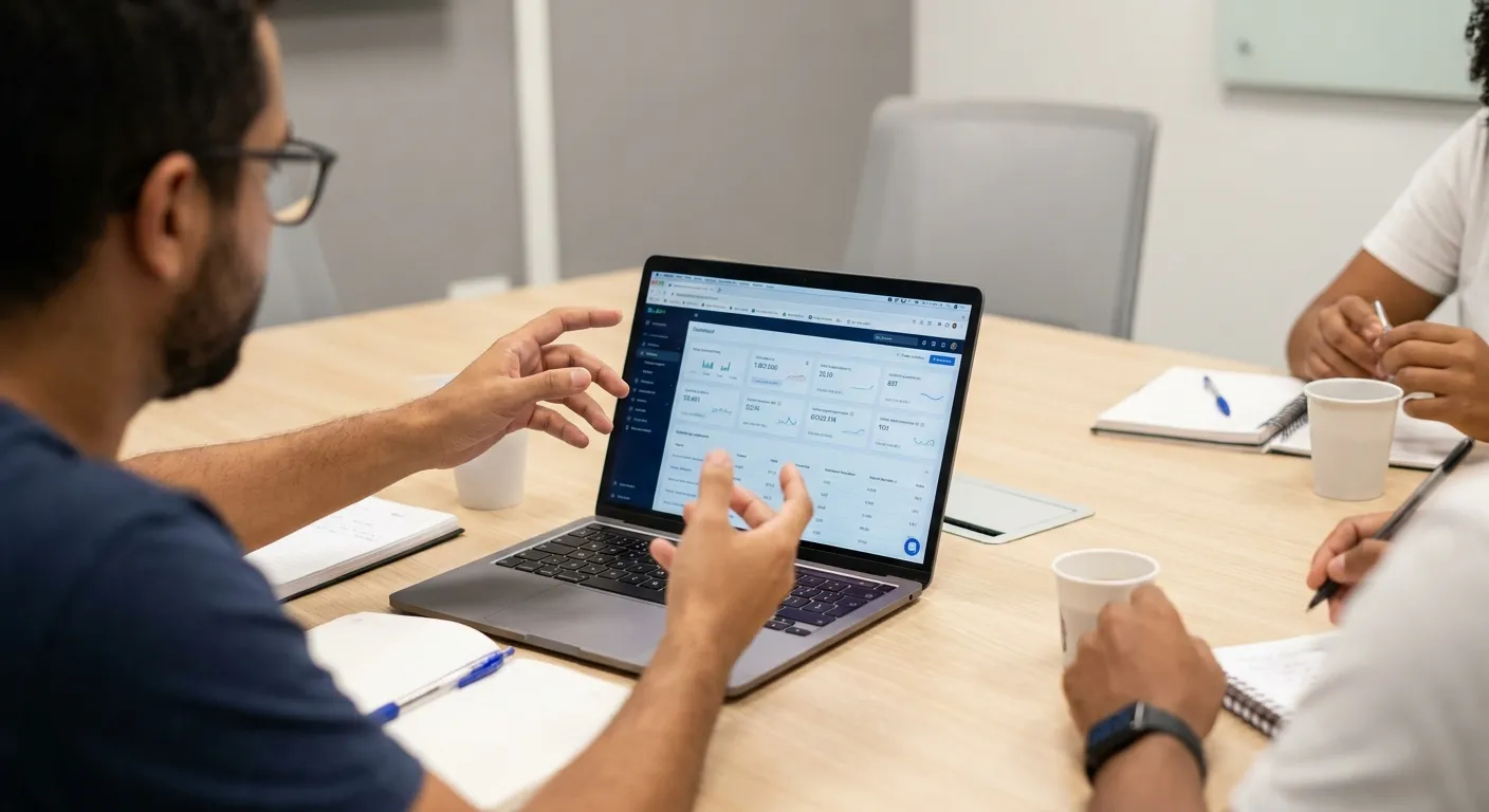 Professional reviewing a metrics dashboard on a laptop